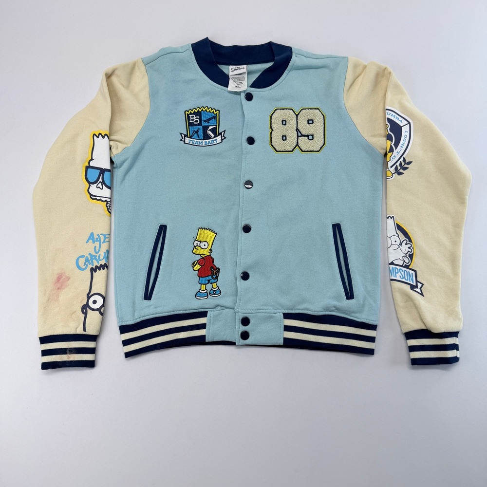 The Simpsons Bart Simpson Varsity Bomber Jacket Blue Cream Youth 14/16 L